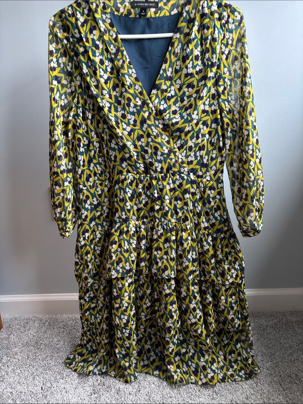 Banana Republic Olive, Navy & Cream Floral Wrap Tiered Dress